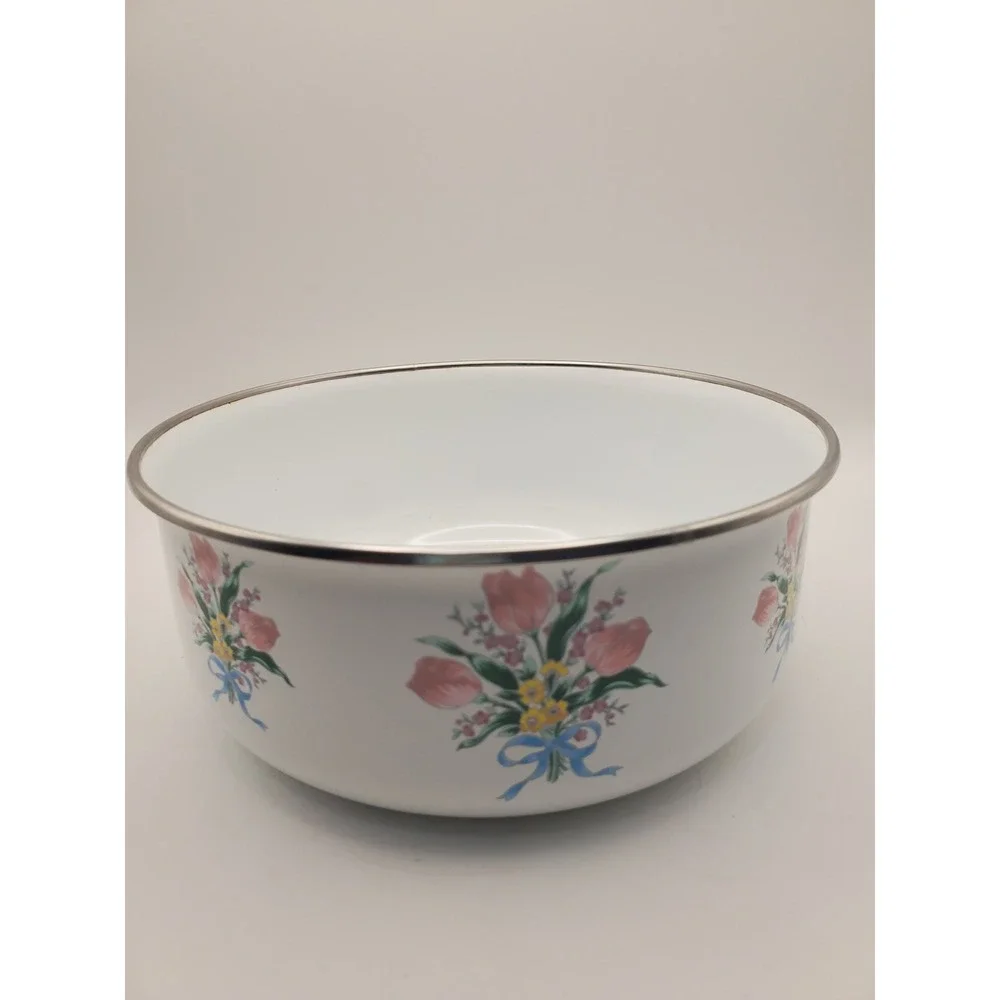Vintage 1970s Floral Tulip Enamelware Nesting Bowls - Set of 3